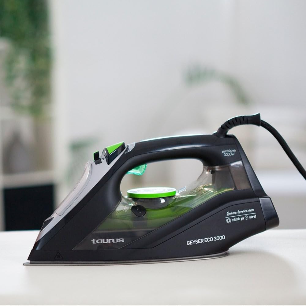 Taurus – Ferro da stiro a vapore Geyser Eco 3000,3000W,Colpo vapore 200 g/min,Punta di precisione,Regolazione vapore e temperatura,Piastra anodizzata ultra scorrevole,Nero