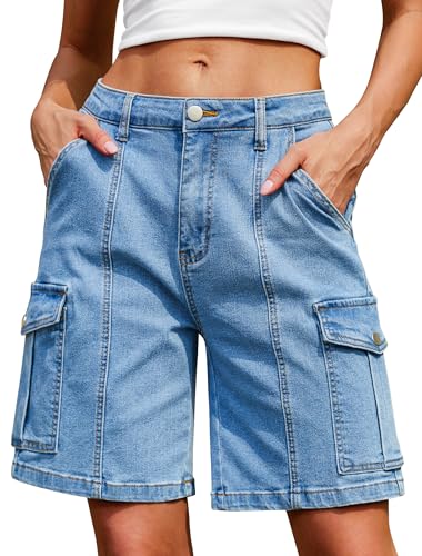 IWD Denim Cargo Shorts Women Bermuda Jean Shorts Knee Length 7 Inch Inseam Long Shorts Elastic Waisted 2025 Jean XL