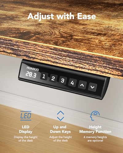 Image of HUANUO Electric Standing Desk, Whole Piece Desktop, Adjustable Height Computer Desk, 4 Height Memory Settings, Sit Stand Up Desk for Home Office, 60 inch x 24 inch, Vintage