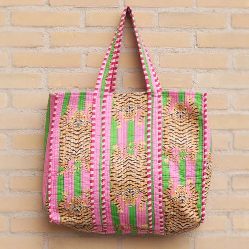 Image of YILLE Cotton Quilted Floral & Tiger Print Tote Bag, 18 x 18 inches For Grocery Shopping, Travel