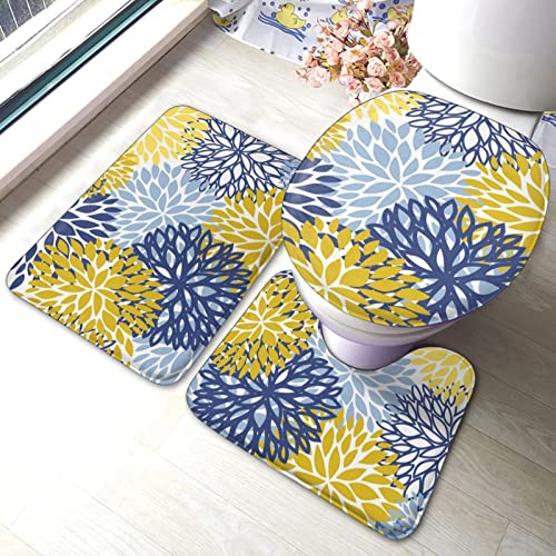DIRYKILP Badematte + Konturmatte + Toilettendeckelbezug, Blau Gelb Blumen 3 Stück Badematte Set, mit Anti-Rutsch-Klebeboden