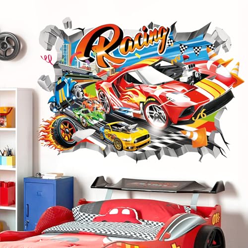 decalmile Pegatinas de Pared Coches de Carreras 3D Infantiles Vinilos Decorativos Vehículo Rojo Banderas Adhesivos Pared Habitación Infantiles Niños Bebés Guardería