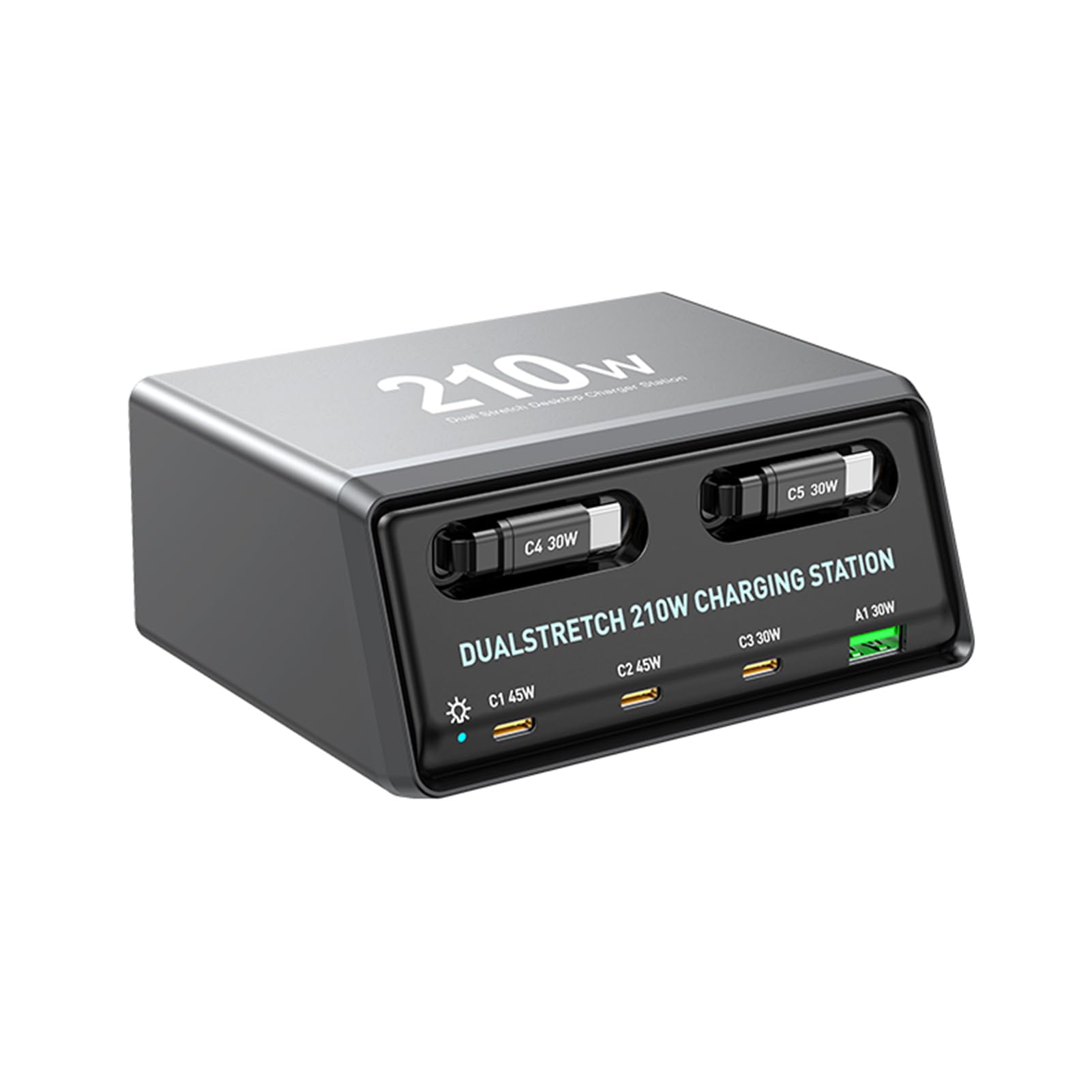 Blok ładowarki USB C 210 W, 6-portowy, Zwijany Kabel (Wtyczka UE)