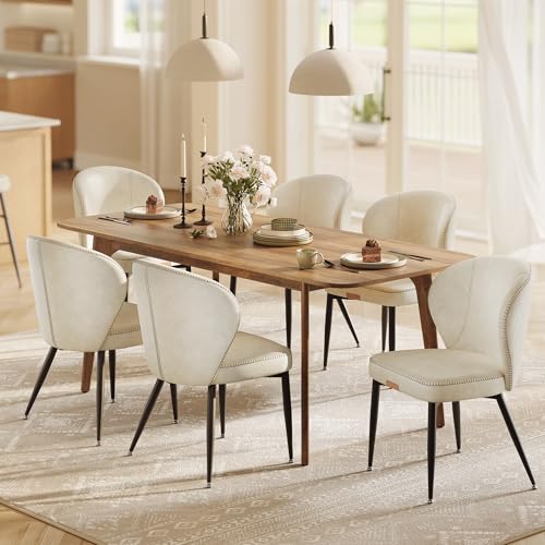 VASAGLE EKHO Collection - Dining Chairs Set of 6, Upholstered Kitchen Chairs, Comfortable Seat, Synthetic Leather with Stitching, Mid-Century Modern, Easy Assembly, Living Room Lounge, Cream White
