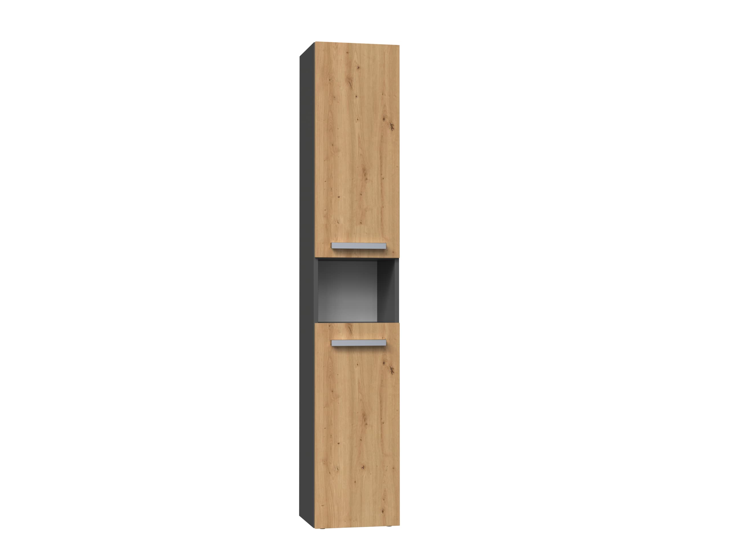 CDF Tall Bathroom Cabinet Slim Bathroom HORTI Storage Cabinet Freestanding Narrow Storage Unit 2 Doors 5 Shelves Open Compartments Small Spaces + Laundry Basket Anthracite/Artisan Oak 30x31x174 cm