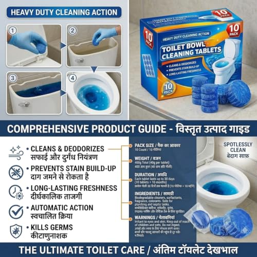 Image of Pack of 10 Automatic Flush Toilet Bowl Cleaner Tablets, Bathroom Toilet Tank Cleaner, Powerful Cleaning Ball Toilet Blue Deep Clean Bubbles, Mild Lemon Scent (10 Blue)
