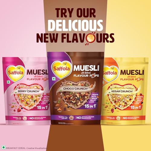 Image of Saffola Muesli Choco Crunch with Flavour Pops, 185gm /175 gm | 15 in 1 Fruit and Nuts, Seeds, Millet & more | Cereals for breakfast rich in wholegrain, protein, fibre (weight may vary)