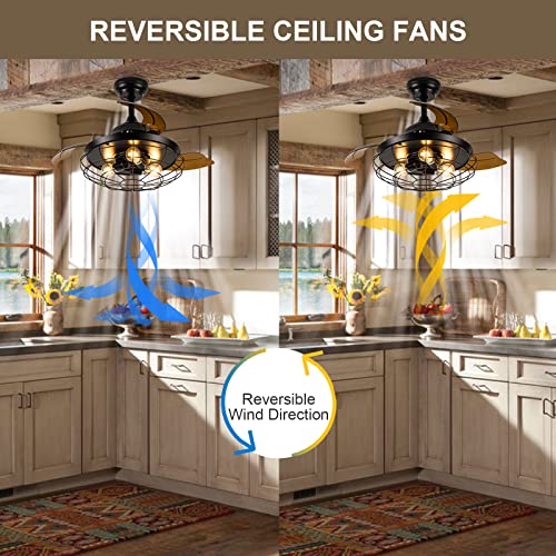 Rustic Ceiling Fan With Lights, 36" Farmhouse Ceiling Fan With Light Remote Control, Dc Motor 6 Speeds Silent, 4 Hours Timing Retractable Caged Ceiling Fan With Light For Patio Living Room Bedroom #TOP3