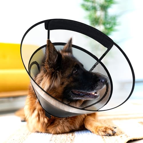 Image of Dog Cone Collar for Large Dogs After Surgery, Mesh Windows PVC Transparent E Collar for Dog, Anti-Bite Lick Wound Healing Neuter Safety Practical Comfy Plastic Cone XL
