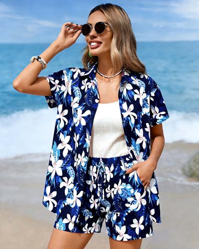 Image of Women Hawaiian Shirt Button Down Summer Tops Beach Short Sleeve Blouse