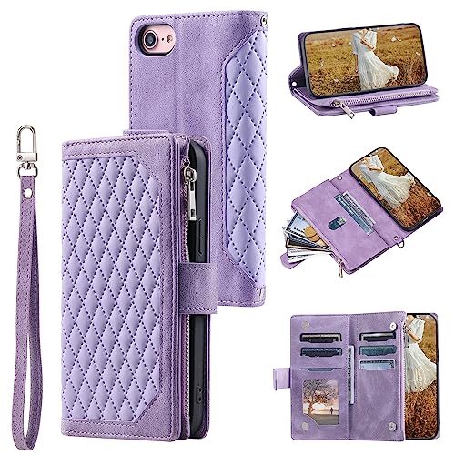 Housse portefeuille iPhone 16e en cuir anti-choc avec zippe monnaie violet