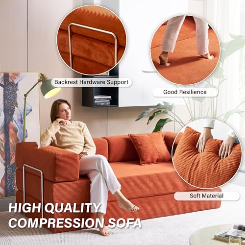 Image of Compression Sofa - Convertible Floor Sofa Bed - with Pillow Back Support Armrest - Comfy Foldable Sofa Bed Compressed Sofa in Box - Corduroy Fabric - for Living Room Bedroom(Orange)