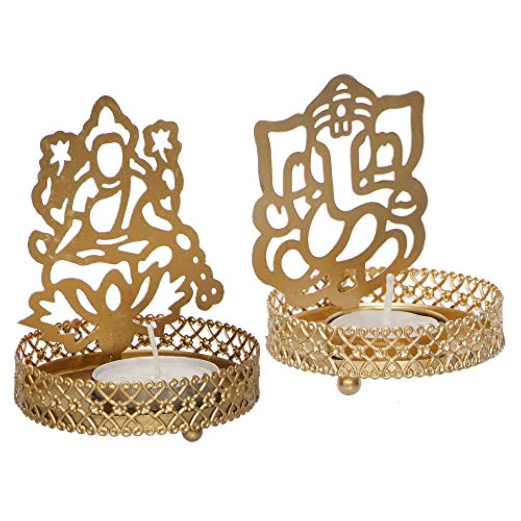 Set of 2 Metal Lord Ganesha and Goddess Lakshmi Shadow Tea Light Holders