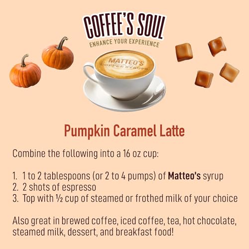 Matteo's Pumpkin Caramel Syrup for Coffee, Lattes, Cappuccinos & Desserts – Sugar-Free Sweetener for Beverages, Keto Friendly, Zero Calories, Indulgent Flavor, Non-Alcoholic, 33.8oz (6pk)