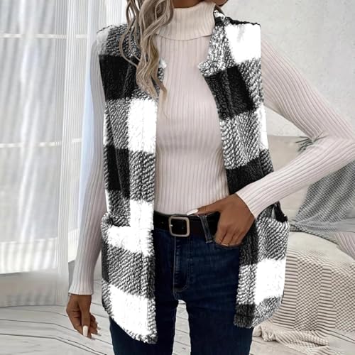 Sherpa Vest Outerwear Women Fuzzy Fleece Plaid Sleeveless Cardigan Winter Fashion Open Front Cute Jacket with Pocket3