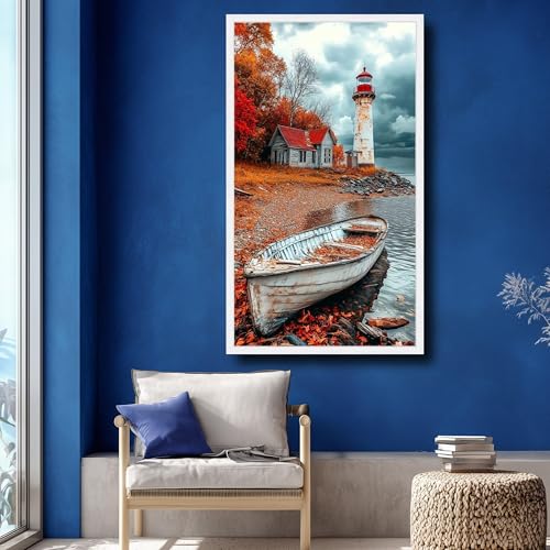 Toile paysage automnal lac et phare déco vintage 70x110 cm