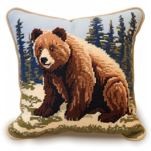 Image of Brown Bear Latch Hook Kits Pillow Cover Printed Canvas DIY Cushion Crochet Yarn Needlework Hook Latch Kit Embroidery Pillowcase Rug Home Sofa Christmas Decoration 43x43cm