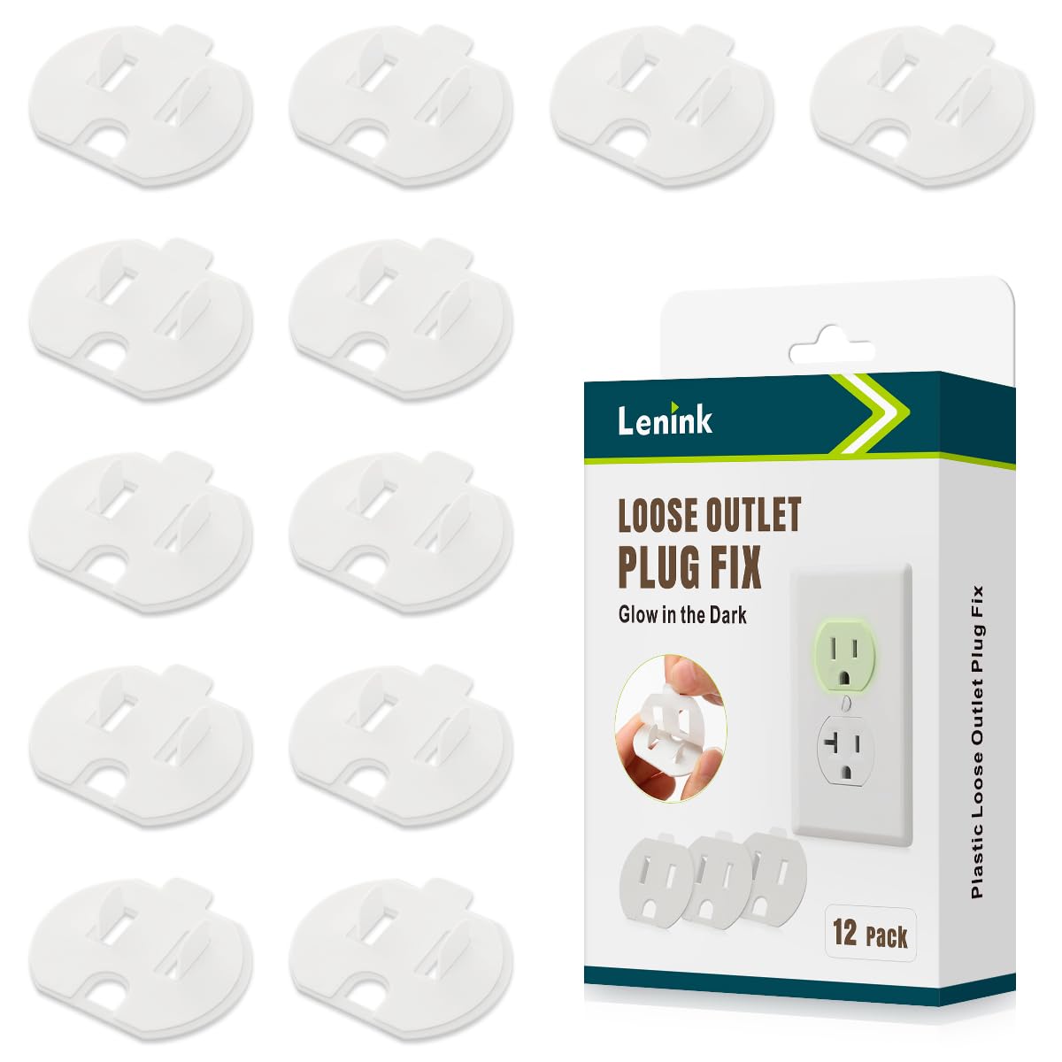 Loose Outlet Plug Fix, Glow in Dark, 12 Pack Plastic Snug Socket Secured, Outlet Tightener Insert, with Back Adhesive