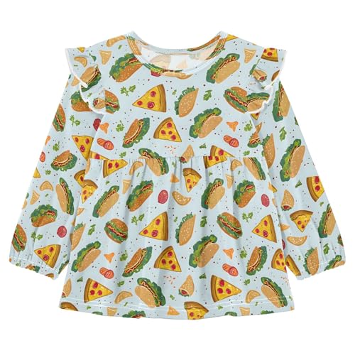 Hamburger Pizza Blue Girls Shirts Cotton Long Sleeve Ruffle Toddler Tee Tops
