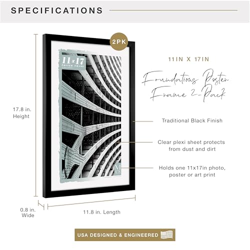 Image of MCS Gallery Foundation Poster Frame, Picture Frame For Wall Art, Black, 11 x 17 Inch, 2-pack