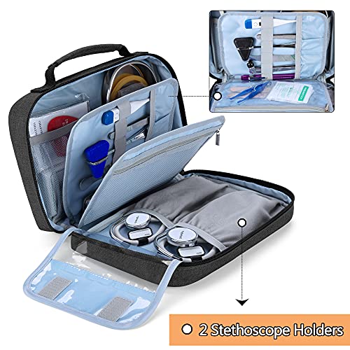 Image of Damero Stethoscope Carrying Case Holds 2 Stethoscopes and BP Cuffs, Black | Portable Stethoscope Case Compatible with 3M Littmann /ADC /Omron /MDF, Slots and Pockets for Nurse Accessories, Bag Only