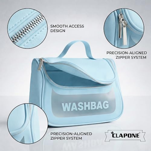 Image of Cosmetic Bag for Women, PU Leather Makeup Pouch, Large Capacity Travel Makeup Organizer with Divider & Handle, Waterproof Portable Vanity Storage Bag for Toiletries (Washing Bag-Blue)