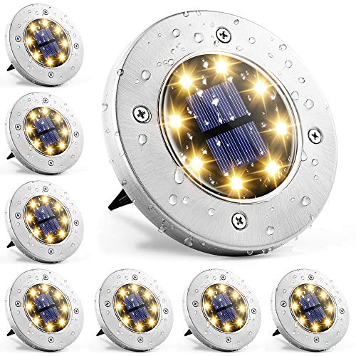 Solpex 8 Pack Disk Lights Outdoor, 8 LED Solar Garden Lights Waterproof Landscape Lighting for Walkway Yard Deck Lawn Patio Pathway (Warm White)