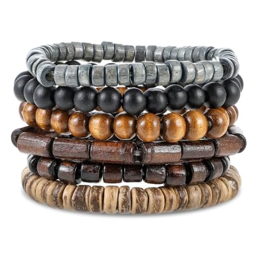 Telooco Pulseras de Cuentas para Hombre 6 Piezas Vintage Pulsera Elástica de Cuentas de Madera Multicapa 19 cm Pulsera de Perlas Desmontable Pulsera Gótica Ajustable para Hombre y Mujer