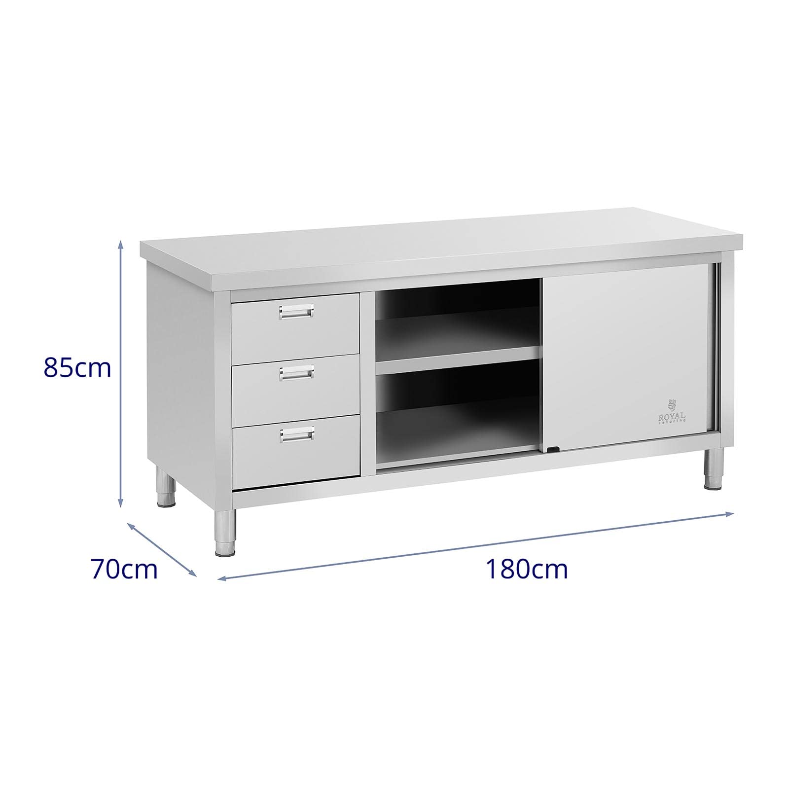 Royal Catering Arbeitsschrank Edelstahl 180 x 70 x 85 cm 500 kg Tragkraft 3 Schubladen Gastro Edelstahlschrank