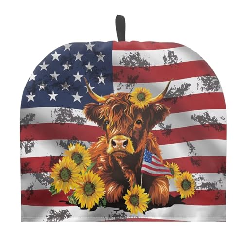 Image of American Flag Highland Cow Tea Pot Cozy for Teapot Insulated Tea Pot Cozies Kettle Quilt Keeping Warm Dust Proof Teapot Cover for July 4th Independence Day Decor