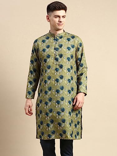Image of Men's Black Art Silk Regular Fit Ethnic Motifs Kurta | Indian Kurta | Festive Ethnic Kurta with Embroidered Packet