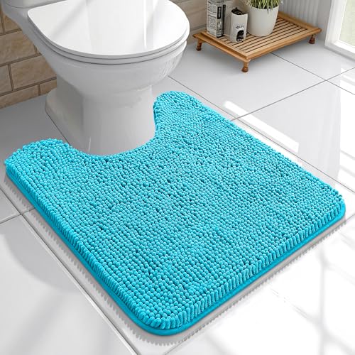 Image of OLANLY Toilet Rugs U-Shaped 20x20, Extra Soft Absorbent Chenille Contour Bathroom Rugs for Toilet, Dry Quickly, Machine Washable, Non-Slip Bath Mat, Aqua Sky