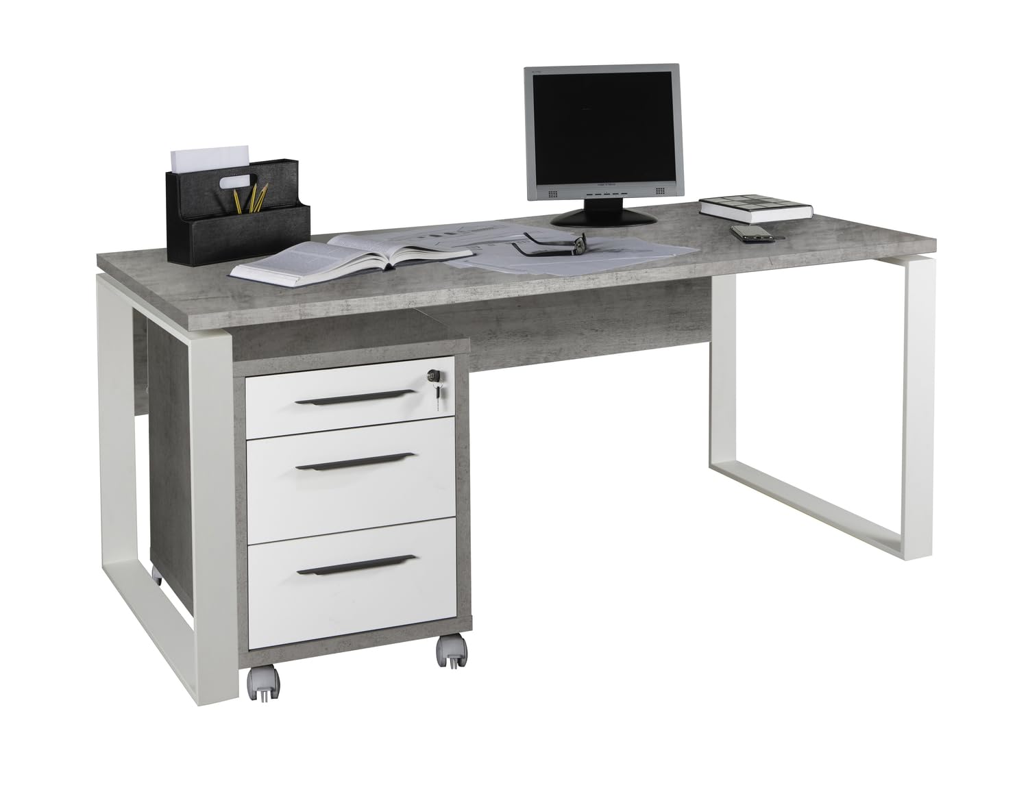 Composad | Scrivania e Cassettiera con 3 Cassetti e Serratura della Linea Disegno, Set di 2 Mobili per Ufficio, (LxAxP) 170x74,50x80 cm, Colore Grigio Cemento e Bianco Laccato, Made in Italy