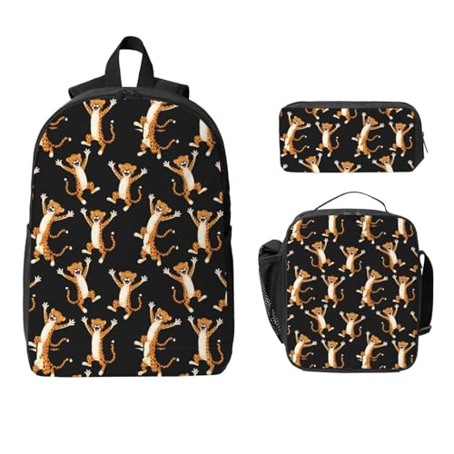 Anti-Theft 17-inch Backpack Combo with Thermal Lunch Tote & Organizer Pouch for Commuters, Gym, Outdoor (3-Piece Waterproof Set, Cartoon Tigers)2