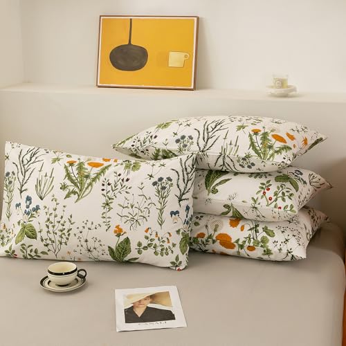 Image of ECOCOTT 4 Pack Pillowcase Queen Size with Green Botanical Floral Leaves Pillow Cases Set, 100% Cotton Queen Pillow Covers Envelope Closure (Queen, 20 inchx30 inch)