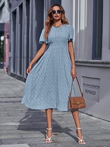 Floerns Women's Short Sleeve Boho Floral Dress A Line Smocked Midi Dress A Blue L #TOP2
