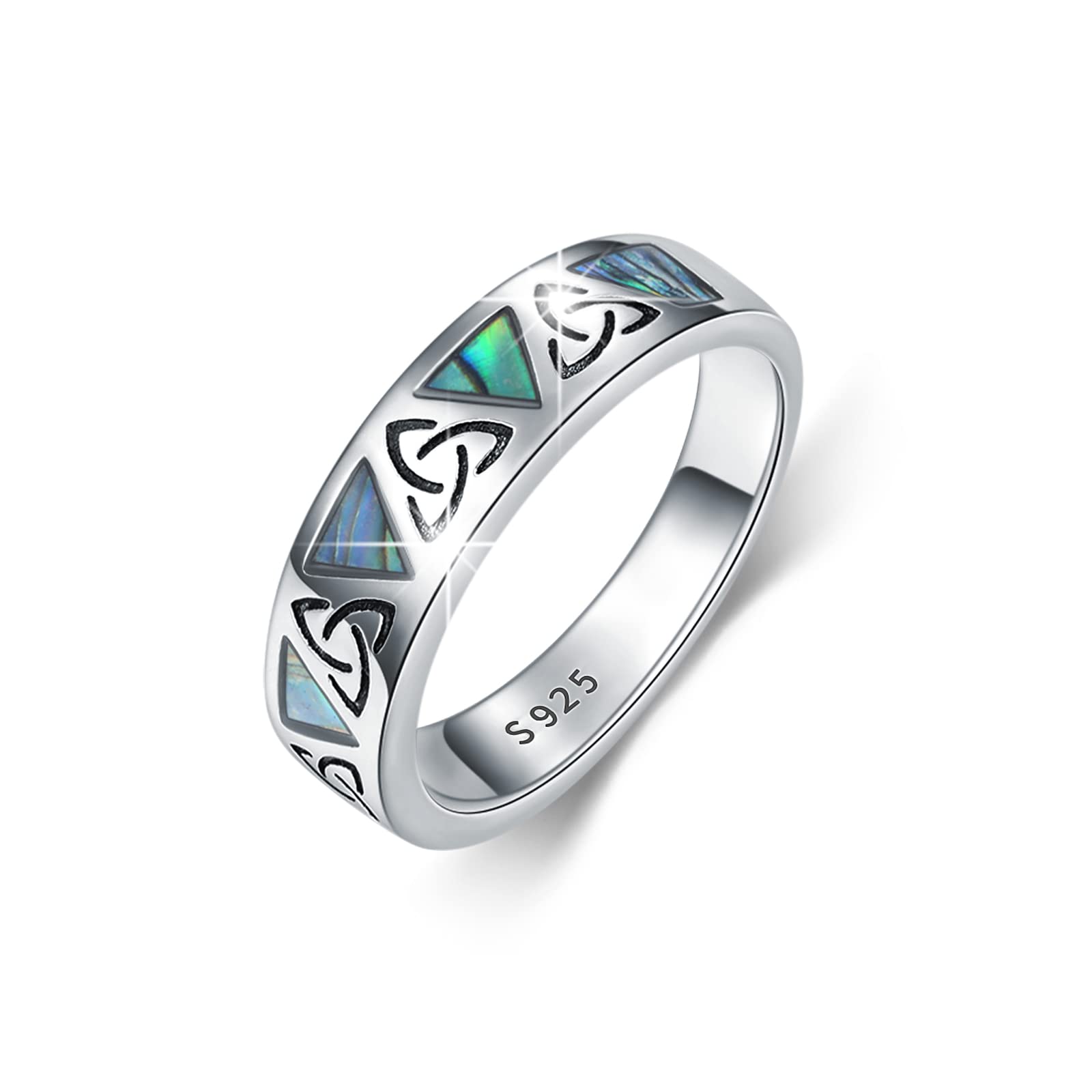 Celtic Knot Ring for Men Women 925 Sterling Silver Trinity Knot Ring Inlay Abalone Shell Wedding Band Comfortable Celtic Knot Jewelry Gift for Engagement 9 Size