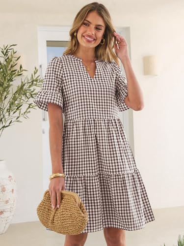 Image of Caracilia Dresses for Women Summer 2026 Striped V Neck Ruffle Sleeve A Line Tiered Flowy Casual Mini Beach Dress with Pockets