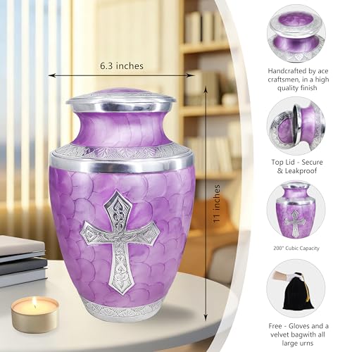 Image of M MEILINXU Purple Cross Urns for Human Ashes Adult Female, Large Burial Urn