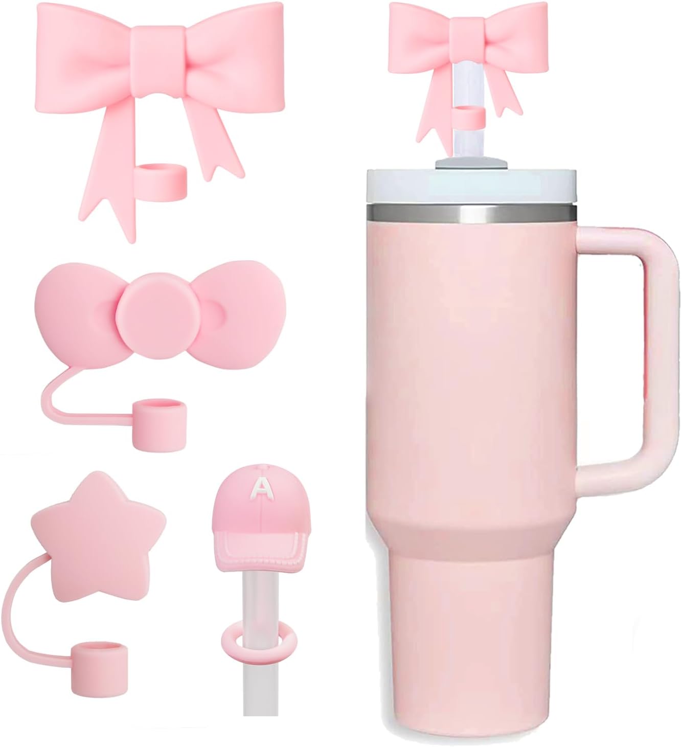 Pink Bow Straw Cover Topper for Stanley Cup,Silicone Straws Toppers for Tumbler with Handle 40oz,Cute 10mm/0.4in Covers Cap,Reusable Lids for Stanleys Cups Accessories, 4Pcs-42