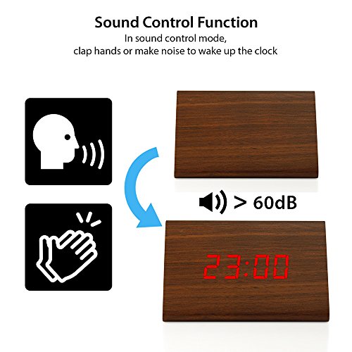 Oct17 Wooden Wood Clock, New Version Led Alarm Digital Desk Clock Adjustable Brightness, Alarm Time, Displays Time Date Temperature - Brown #TOP1