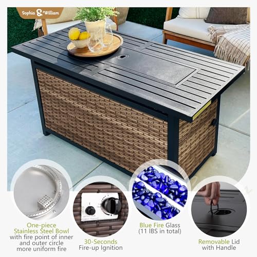 Sophia & William Patio Furniture Set with Fire Pit Table, 8 Piece Outdoor Wicker Conversation Set, Large Rattan Sectional Sofa with Ottoman & 56" Fire Pit Table(Aqua Blue) - Image 7