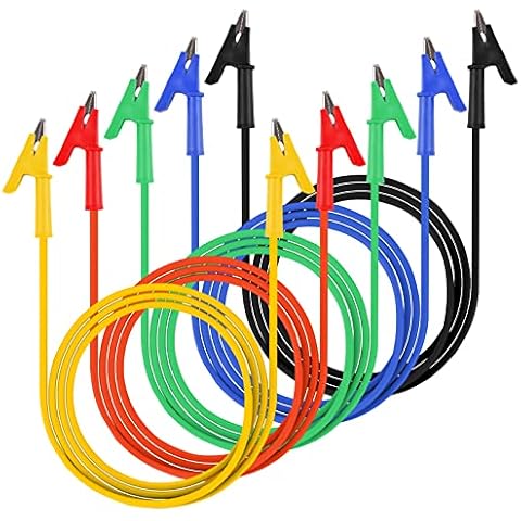 WGGE 5PCS Dual Ended Alligator Clips Test Leads Set, 15A Test Lead Wire Cable with Insulators Clips, Heavy Duty Cable with Protective Jack Copper Clamps for Electrical Testing 5 Colors 3.3 ft/1m Cover