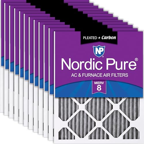 Image of Nordic Pure 16x20x1 Pleated MERV 8 Plus Carbon Air Filters 12 Pack | Actual Size: 15 1 /2 x 19 1 /2 x 3 /4 Made in USA, Standard HVAC & Furnace Filtration, Pet & Household Odor Control