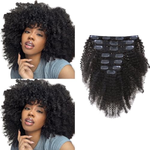 Afro Kinky Curly Clip in Human Remy Hair Extensions Brazilian Curly Clips Hair Extensions 4B 4C 8A Virgin Thick Natural Black Color Clip on For Black Women 10-22 inch (18 inch, AC #1B)