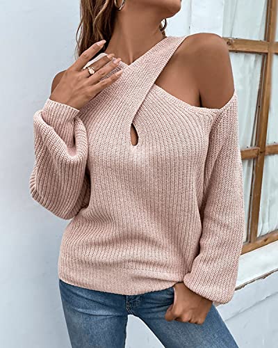 Image of Womens Sexy Criss Cross V Neck Cold Shoulder Pullover Sweater Cutout Lantern Sleeve Halter Sweatshirt Jumper