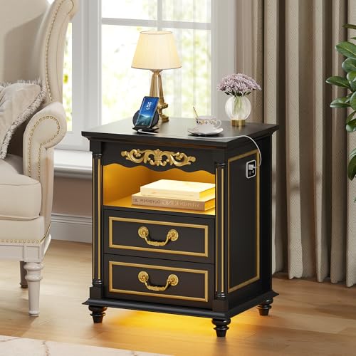 Lvifur LED Night Stand - with RGB Light, Nightstand with a Lockable Hidden Drawer and 2 Drawer, Smart Bedside Table with Auto Sensor, USB&Type-C for Bedroom, Modern Sofa End Table - Black