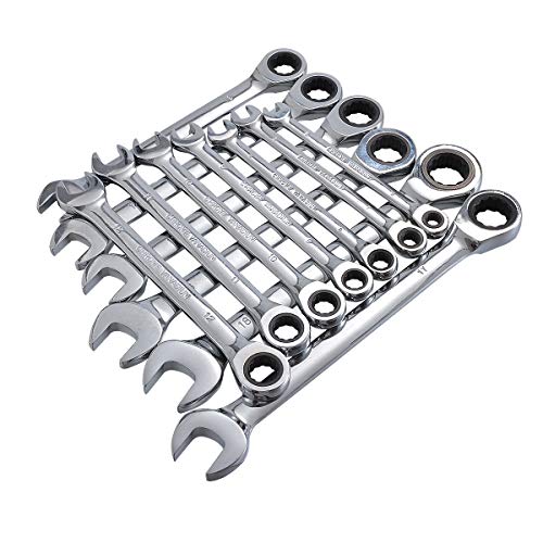 HOHXEN 13-Pieces 6-18mm Ratchet WrencH Set Ratchet Wrenches - Chrome Vanadium Steel With Tool Roll - SAE & Metric Combination Ended Standard Kit - Open End MM & Inch Gear
