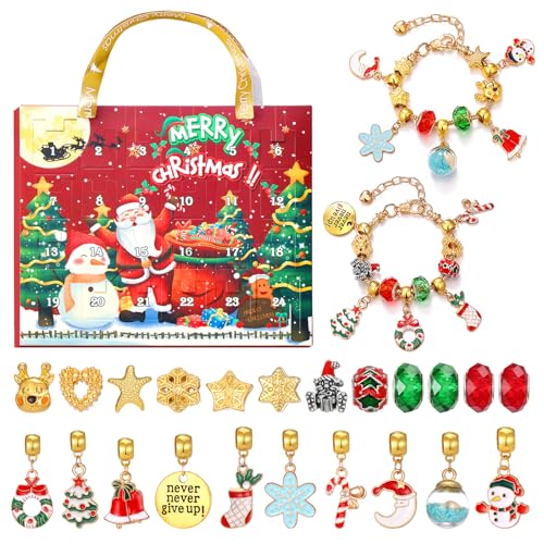 Pilikoll Girls Christmas Advent Calendar 2024 with 2 Bracelets & 22 Charms Beads DIY Advent Calendar Jewelry 24 Days Christmas Countdown Calendar Countdown Calendar Bracelet Making Set for Women Girls
