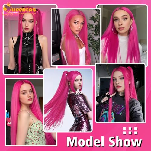 Image of QUEENTAS Hot Pink Wigs for Women 25 inch Straight Long Hair Wig for Halloween Cosplay Natural Looking Synthetic Glueless Wig